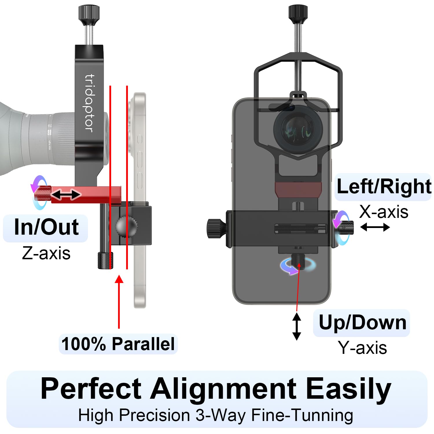 Tridaptor - Universal Phone Scope Digiscoping Adapter|High-Precision Xyz Metal Telescope Mount 3-Axis Smartphone Holder For Spot